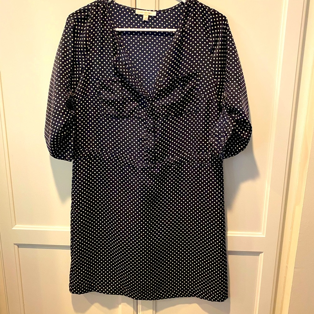 navy and cream belted polka dot dress